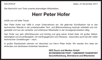 Traueranzeige von Peter Hofer von Schwäbische Post