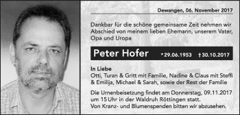 Traueranzeige von Peter Hofer von Schwäbische Post
