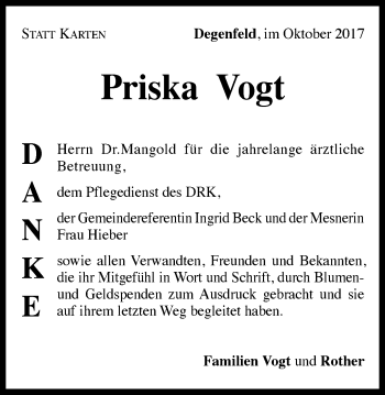 Traueranzeige von Priska Vogt von Gmünder Tagespost