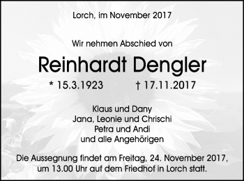 Traueranzeige von Reinhardt Dengler von Gmünder Tagespost