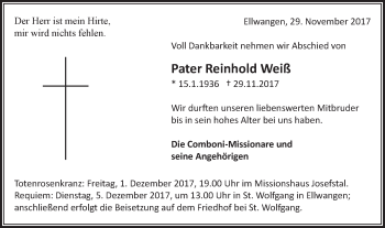 Traueranzeige von Reinhold Weiß von Schwäbische Post