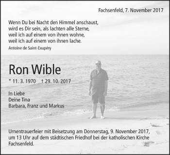 Traueranzeige von Ron Wible von Schwäbische Post