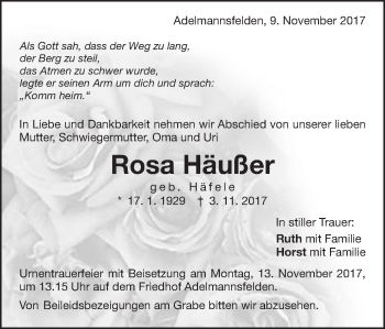 Traueranzeige von Rosa Häußer von Schwäbische Post
