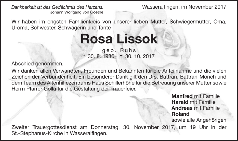  Traueranzeige für Rosa Lissok vom 11.11.2017 aus Schwäbische Post