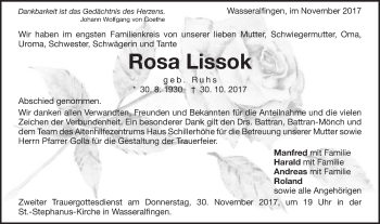 Traueranzeige von Rosa Lissok von Schwäbische Post