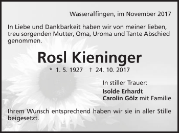 Traueranzeige von Rosl Kieninger von Schwäbische Post