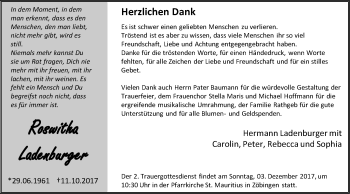 Traueranzeige von Roswitha Ladenburger von Schwäbische Post