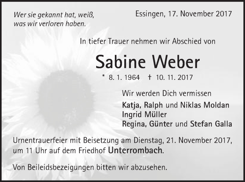  Traueranzeige für Sabine Weber vom 18.11.2017 aus Schwäbische Post