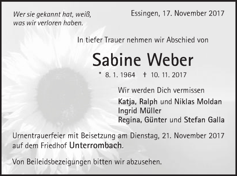  Traueranzeige für Sabine Weber vom 17.11.2017 aus Schwäbische Post