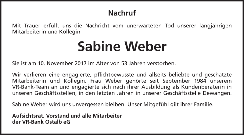  Traueranzeige für Sabine Weber vom 21.11.2017 aus Schwäbische Post