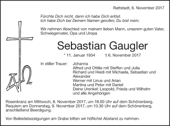 Traueranzeige von Sebastian Gaugler von Schwäbische Post