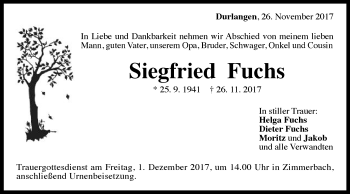 Traueranzeige von Siegfried Fuchs von Gmünder Tagespost