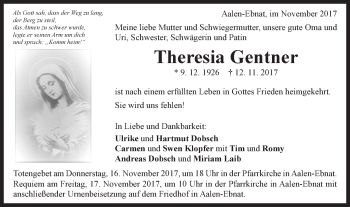 Traueranzeige von Theresia Gentner von Schwäbische Post