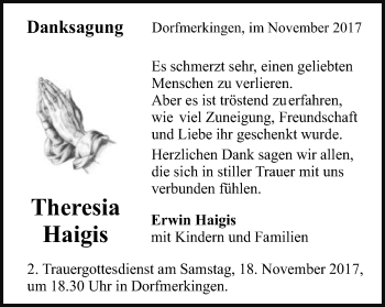 Traueranzeige von Theresia Haigis von Schwäbische Post