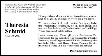 Traueranzeige von Theresia Schmid von Gmünder Tagespost
