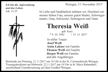 Traueranzeige von Theresia Weiß von Gmünder Tagespost