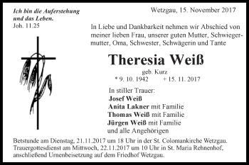 Traueranzeige von Theresia Weiß