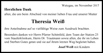 Traueranzeige von Theresia Weiß