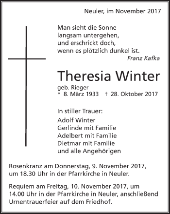 Traueranzeige von Theresia Winter von Schwäbische Post