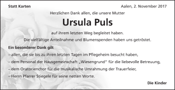 Traueranzeige von Ursula Puls von Schwäbische Post