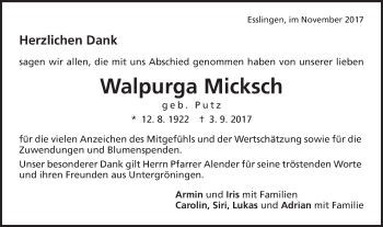 Traueranzeige von Walpurga Micksch von Kocher-Lein-Bote