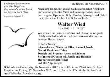 Traueranzeige von Walter Wied von Gmünder Tagespost