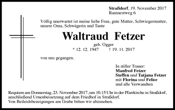 Traueranzeige von Waltraud Fetzer von Gmünder Tagespost