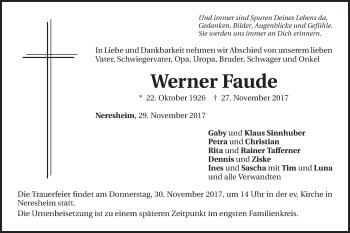 Traueranzeige von Werner Faude von Schwäbische Post