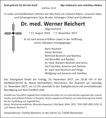Traueranzeige von Werner Reichert von Schwäbische Post