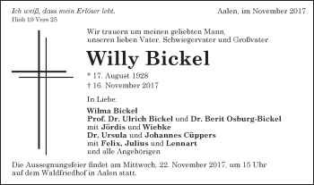 Traueranzeige von Willy Bickel von Schwäbische Post