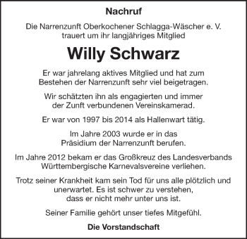 Traueranzeige von Willy Schwarz von Amtsblatt_Oko