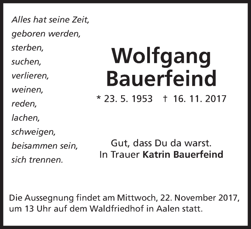  Traueranzeige für Wolfgang Bauerfeind vom 18.11.2017 aus Schwäbische Post