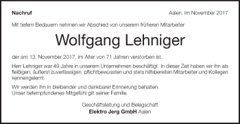 Traueranzeige von Wolfgang Lehniger von Schwäbische Post