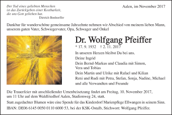 Traueranzeige von Wolfgang Pfeiffer von Schwäbische Post
