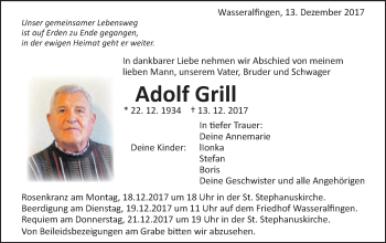 Traueranzeige von Adolf Grill von Schwäbische Post
