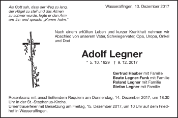 Traueranzeige von Adolf Legner von Schwäbische Post
