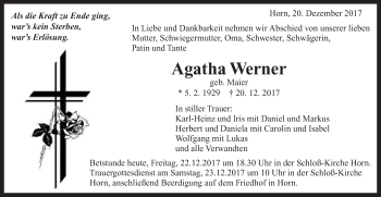 Traueranzeige von Agatha Werner