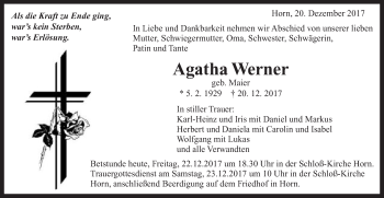 Traueranzeige von Agatha Werner von Gmünder Tagespost