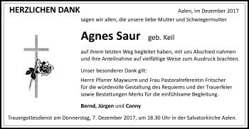 Traueranzeige von Agnes Saur von Schwäbische Post