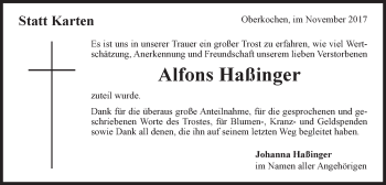 Traueranzeige von Alfons Haßinger von Schwäbische Post
