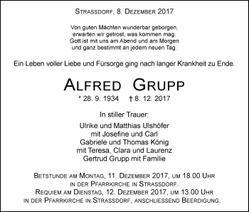 Traueranzeige von Alfred Grupp von Gmünder Tagespost