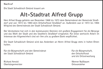 Traueranzeige von Alfred Grupp von Gmünder Tagespost
