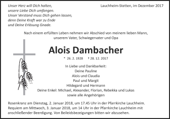 Traueranzeige von Alois Dambacher von Schwäbische Post