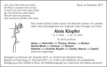 Traueranzeige von Alois Klopfer von Schwäbische Post