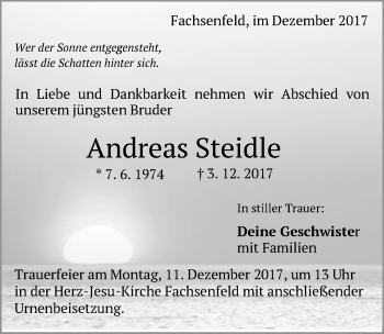 Traueranzeige von Andreas Steidle von Schwäbische Post
