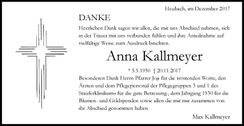 Traueranzeige von Anna Kallmeyer von Gmünder Tagespost