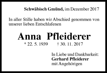 Traueranzeige von Anna Pfleiderer von Gmünder Tagespost