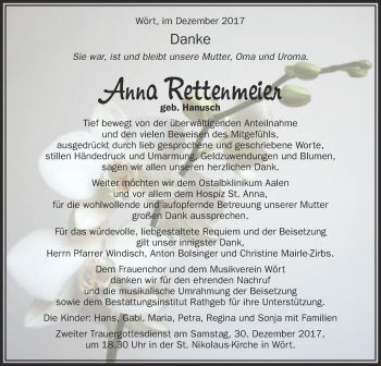 Traueranzeige von Anna Rettenmeier von Schwäbische Post