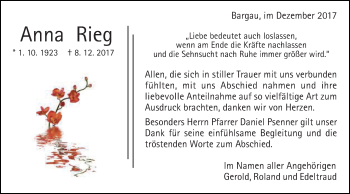 Traueranzeige von Anna Rieg von Gmünder Tagespost