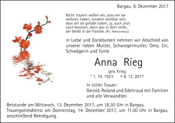 Traueranzeige von Anna Rieg von Gmünder Tagespost